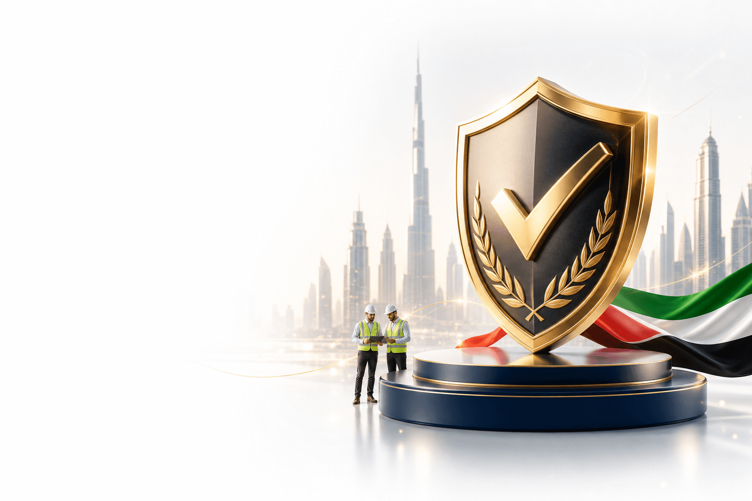 Golden accreditation shield with certification checkmark, UAE skyline and safety engineers — Al Resalah Consultancies & Training